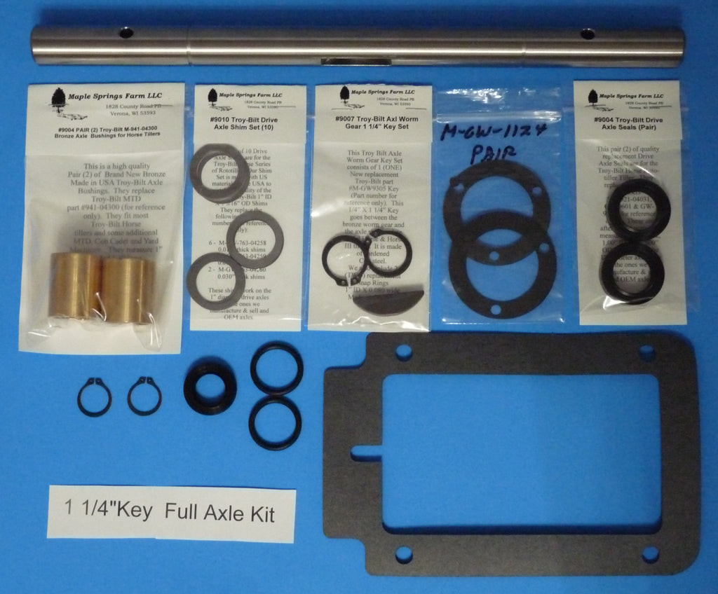 Troy Bilt HORSE Wheel Axle "Complete" Rebuild Kit M-GW-1578 1 1/4" Key Shaft seals gaskets Bushings Shims